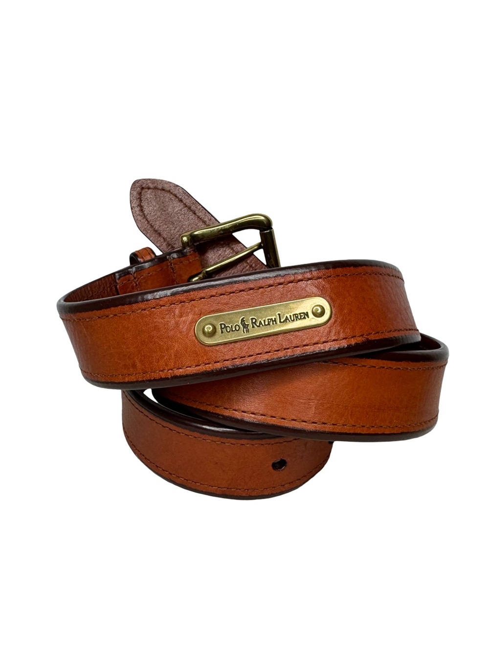 Polo by Ralph Lauren Vintage Tan Leather Men's Belt with Brass Logo Nameplate